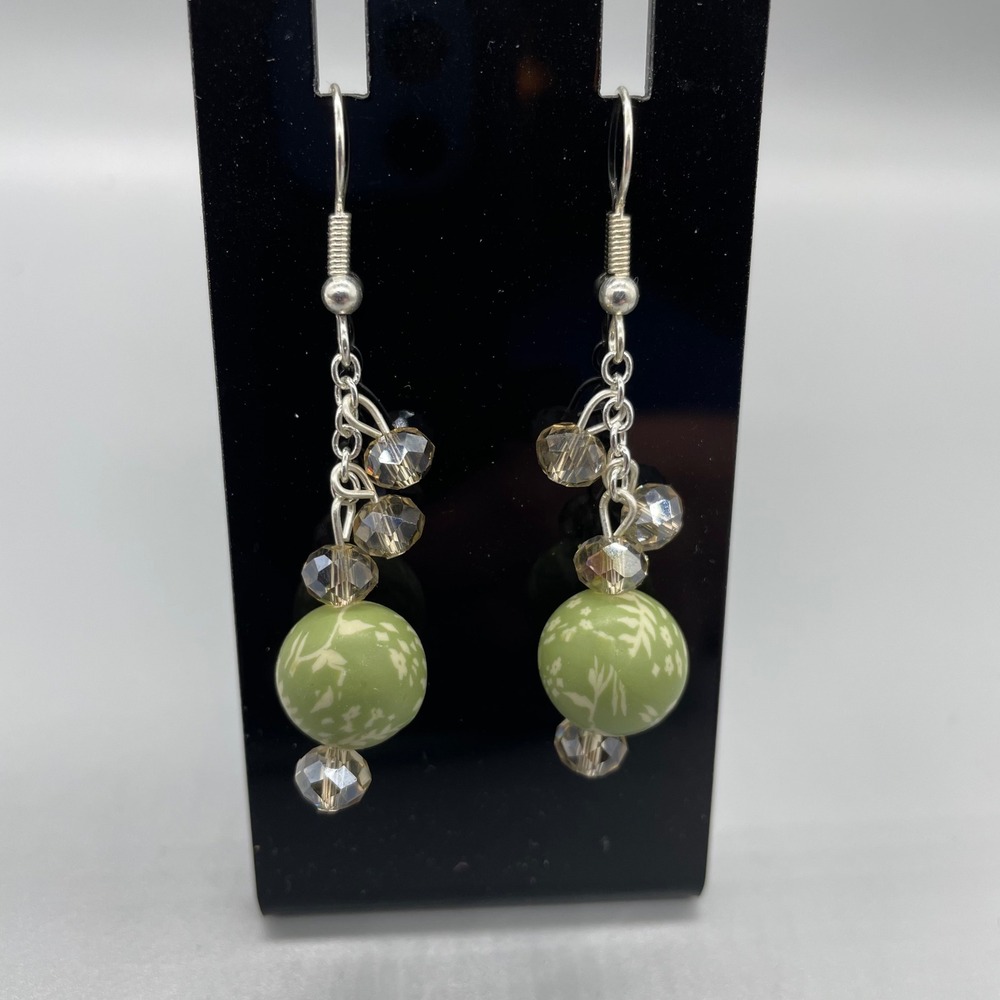 Handmade Sage Green Floral Ceramic & Smoky Crystal Dangle Earrings Silver Tone‎